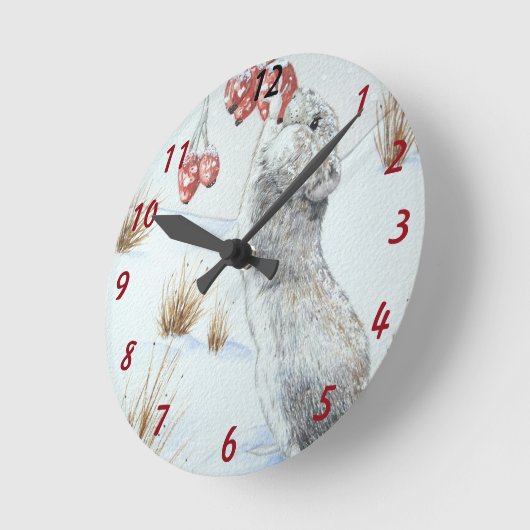 オリジナルアート可愛い野ネズミの雪景色野生動物 ラウンド壁時計 (傾斜)