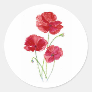 オリジナルアート 水彩 庭の花 赤いポピー ラウンドシール