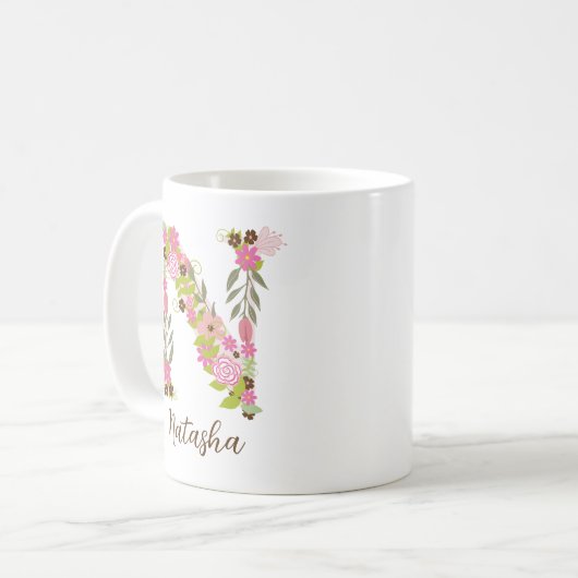 オリジナルイニシャル 花モチーフ アルファベット N コーヒーマグカップ (正面左)