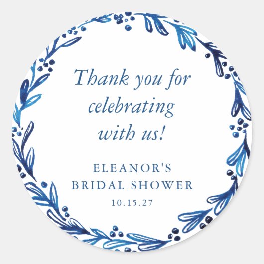 オリジナルインディゴブルーインク ボタニカル ブライダルシャワー ラウンドシール (正面)