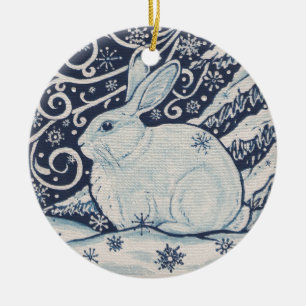 オリジナルウィンタークリスマスラビットブルー&ホワイト セラミックオーナメント