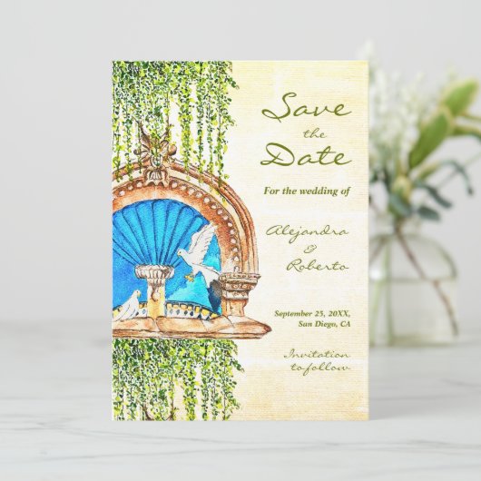 オリジナルウォーターカラーオールドメキシコファウンテン結婚ズ セーブザデート (スタンド正面)