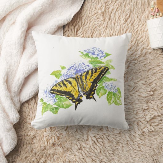 オリジナルウォーターカラーバタフライ&アジサイ花 クッション (ブランケット)
