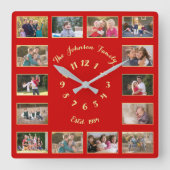 オリジナルクリスマスレッドゴールド14枚写真コラージュを作成 スクエア壁時計 (正面)