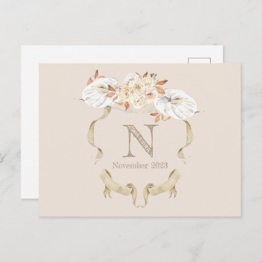 オリジナルクリームローズモノグラムクレスト追悼ポストカード ポストカード (正面/裏面)