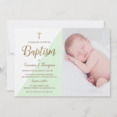 オリジナルグリーン・ホワイト・ゴールドの洗礼式 赤ちゃんの写真 招待状 (正面)