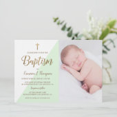 オリジナルグリーン・ホワイト・ゴールドの洗礼式 赤ちゃんの写真 招待状 (スタンド正面)