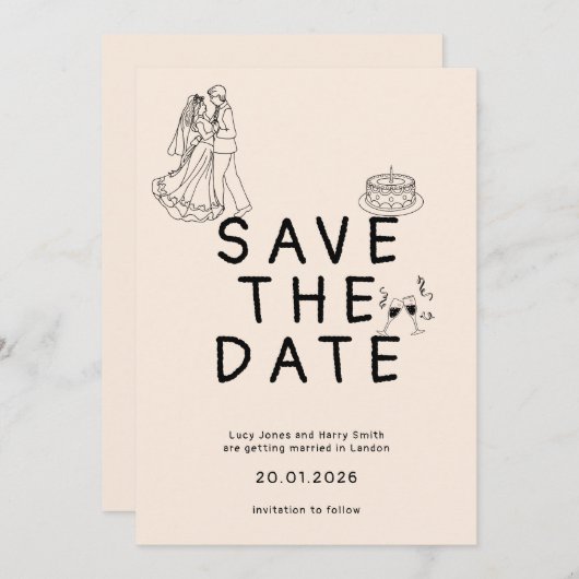 オリジナルシンプルな花嫁と花婿のイラスト セーブザデート (正面/裏面)