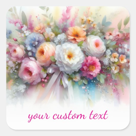 オリジナルテキストウォーターカラーフラワーテンプレート スクエアシール (正面)