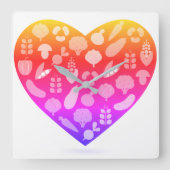 オリジナルデザイナーズピンクの野菜と時計 スクエア壁時計 (正面)