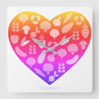 オリジナルデザイナーズピンクの野菜と時計 スクエア壁時計