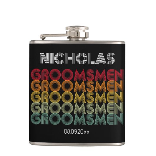 オリジナルデザインのレトロスタイルの仲間たちへのウェディングギフト フラスク (正面)