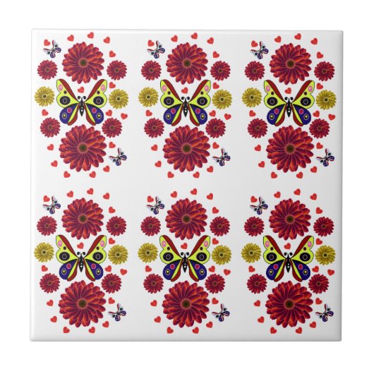 オリジナルデザインの春の蝶の花柄ギフト  タイル (正面)