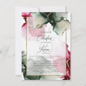 オリジナルデザインの3色、深紅とサージェントグリーンの水彩画の招待状 招待状 (正面)