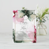 オリジナルデザインの3色、深紅とサージェントグリーンの水彩画の招待状 招待状 (スタンド正面)