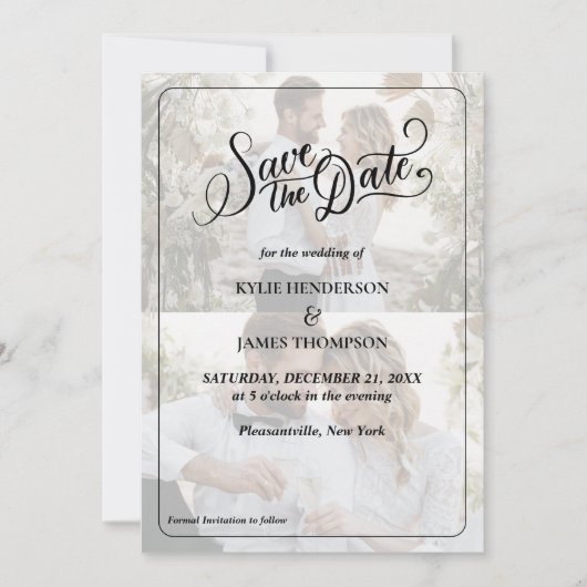 オリジナルデザインの2枚の写真を使ったコラージュのSave the Date 招待状 (正面)