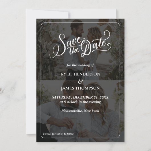 オリジナルデザインの2枚の写真を使ったコラージュのSave the Date 招待状 (正面)