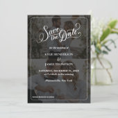 オリジナルデザインの2枚の写真を使ったコラージュのSave the Date 招待状 (スタンド正面)