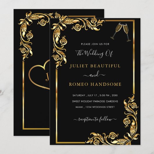 オリジナルデザイン ブラックとゴールドの結婚式招待状をデザインしよう (正面/裏面)