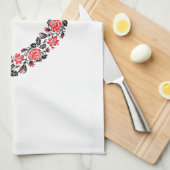 オリジナルハートの赤薔薇の十字縫い キッチンタオル (四つ折り)