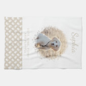 オリジナルペット写真 & 白い足跡 ベージュ & あなたのお名前（テキスト） キッチンタオル (横)