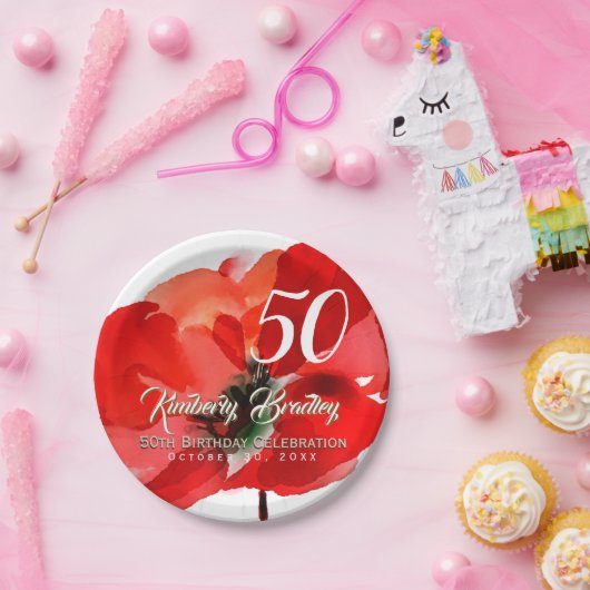 オリジナルポピーウォーターカラーズ第50回誕生日パーティーPP ペーパープレート (パーティー)