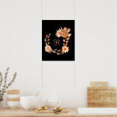 オリジナルモノグラムのブラック、ブラウン、ピンクの花柄 ポスター (キッチン)