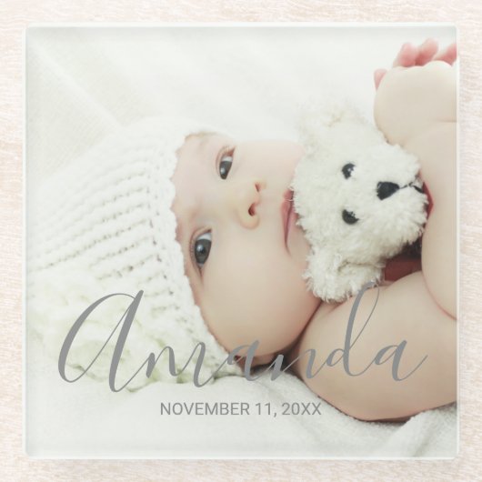 オリジナル写真と名前、テキストを入れたデザイン ガラスコースター (正面)