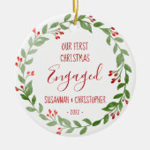 オリジナル写真のクリスマスリース 赤 ファーストクリスマス 婚約 セラミックオーナメント (正面)