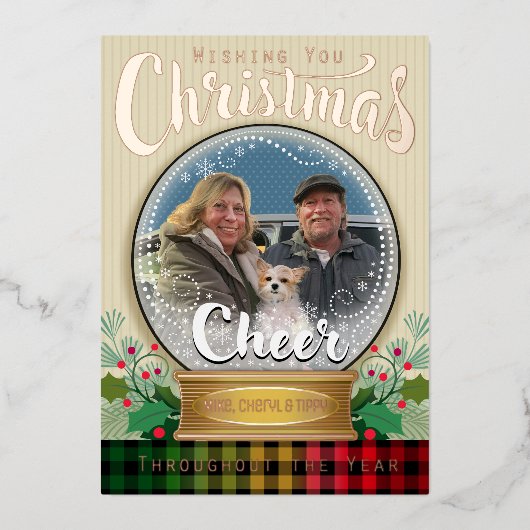 オリジナル写真のスノーグローブクリスマスカード 本物の金箔  箔シーズンカード (正面)