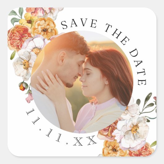 オリジナル写真のフラワーデザインSave the Date スクエアシール (正面)