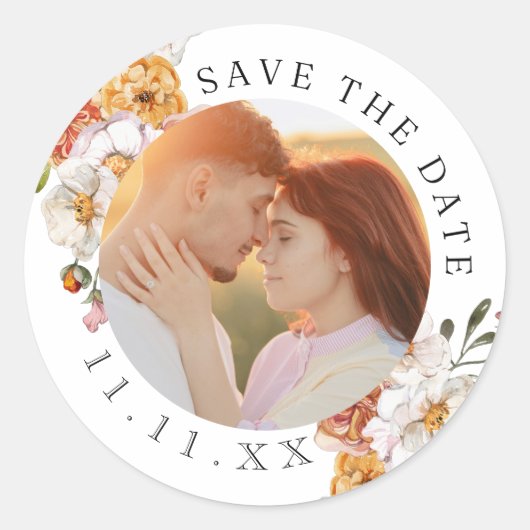 オリジナル写真のフラワーデザインSave the Date ラウンドシール (正面)