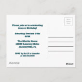 オリジナル写真の誕生日パーティー招待状 レトロなターコイズブルー ポストカード (裏面)