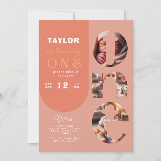 オリジナル写真コラージュ 1歳誕生日招待状 招待状 (正面)