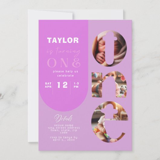 オリジナル写真コラージュ 1歳誕生日招待状 招待状 (正面)