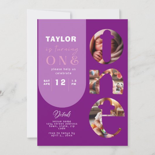 オリジナル写真コラージュ 1歳誕生日招待状 招待状 (正面)
