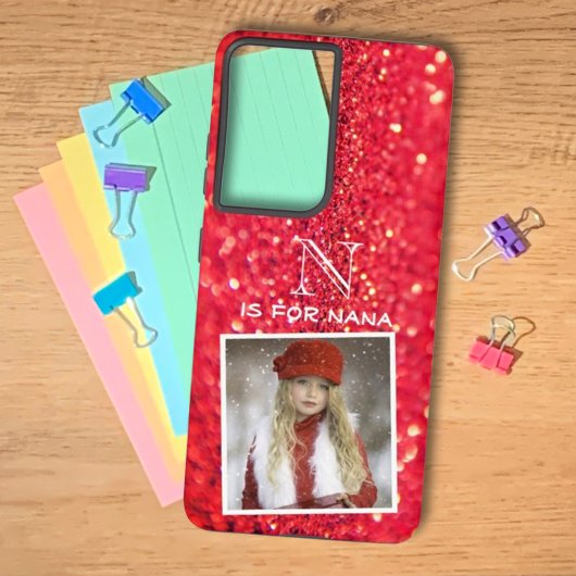 オリジナル写真名 モノグラム 赤グリッター SAMSUNG GALAXYケース