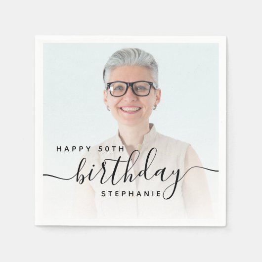 オリジナル写真 ブラックスクリプト 50歳の誕生日 スタンダードカクテルナプキン (正面)