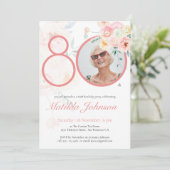 オリジナル写真 水彩 フラワー ピンク 80歳の誕生日 招待状 (スタンド正面)