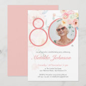 オリジナル写真 水彩 フラワー ピンク 80歳の誕生日 招待状 (正面/裏面)