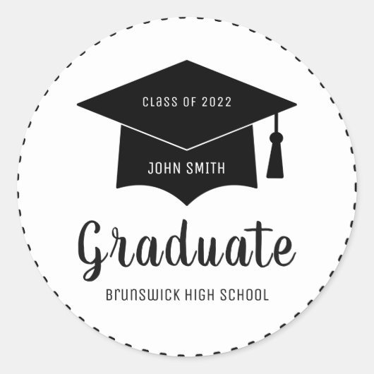 オリジナル卒業帽子 年間 学校名 ブラック ホワイト ラウンドシール (正面)