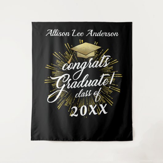オリジナル卒業式 ゴールドスターバースト背景 タペストリー (正面)