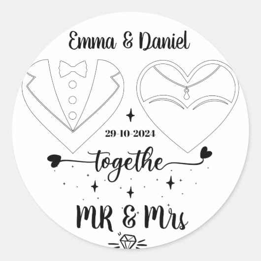 オリジナル名の花嫁と花婿のモダンブラシスクリプト ラウンドシール (正面)