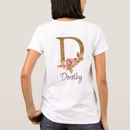 オリジナル名 ゴールド箔 バラ色のピンクのローズ レター D Tシャツ (裏面)