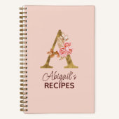 オリジナル名 ゴールド ブラッシュ ピンク ローズ レター A レシピ ノートブック (正面)