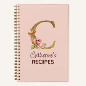 オリジナル名 ゴールド ブラッシュ ピンク ローズ レター C レシピ ノートブック (正面)
