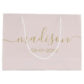 オリジナル名 テキスト エレガント ゴールド スクリプト ブッシュ ピンク ラージペーパーバッグ (裏面)