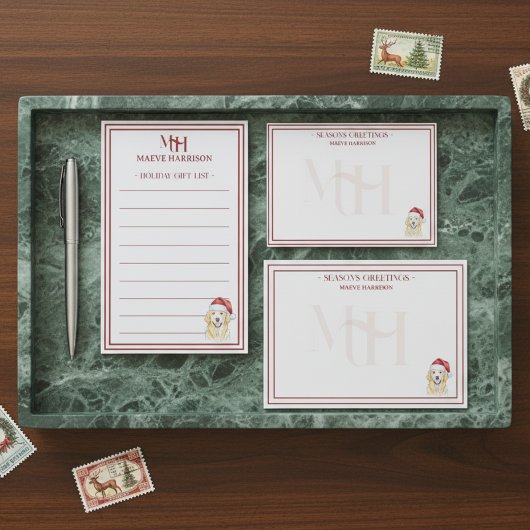 オリジナル名 手描きゴールデンレトリバー サンタ帽 ノートカード