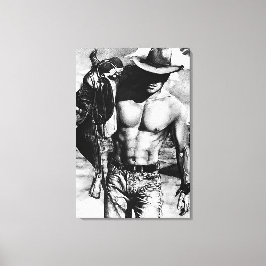 オリジナル手描きハンサムなセクシーカウボーイマン キャンバスプリント (正面)
