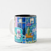 オリジナル手描き猫アートをプリントしたマグカップ ツートーンマグカップ (正面左)